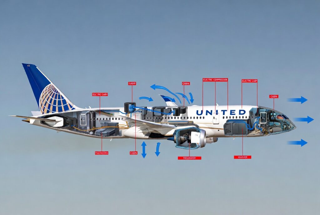 Boeing 787-9 Dreamliner in flight with cabin pressurization system diagram overlay