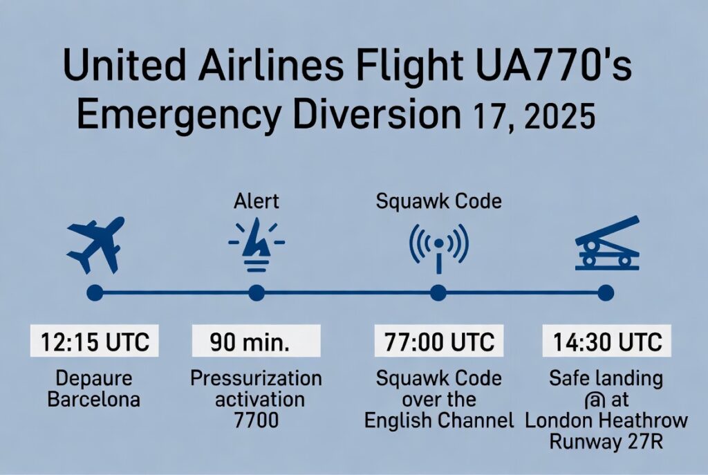 Timeline of United Airlines UA770 diversion from Barcelona to London Heathrow